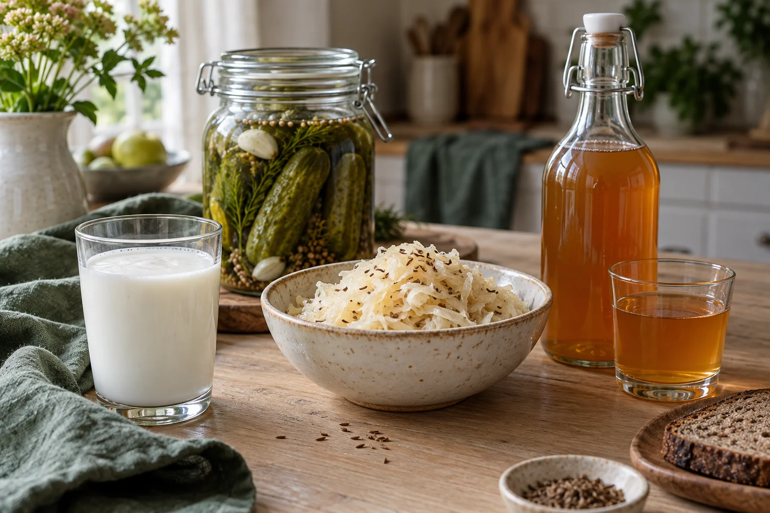 Szklanka kefiru, miska kapusty kiszonej, słoik ogórków i bursztynowa kombucha na jasnym stole